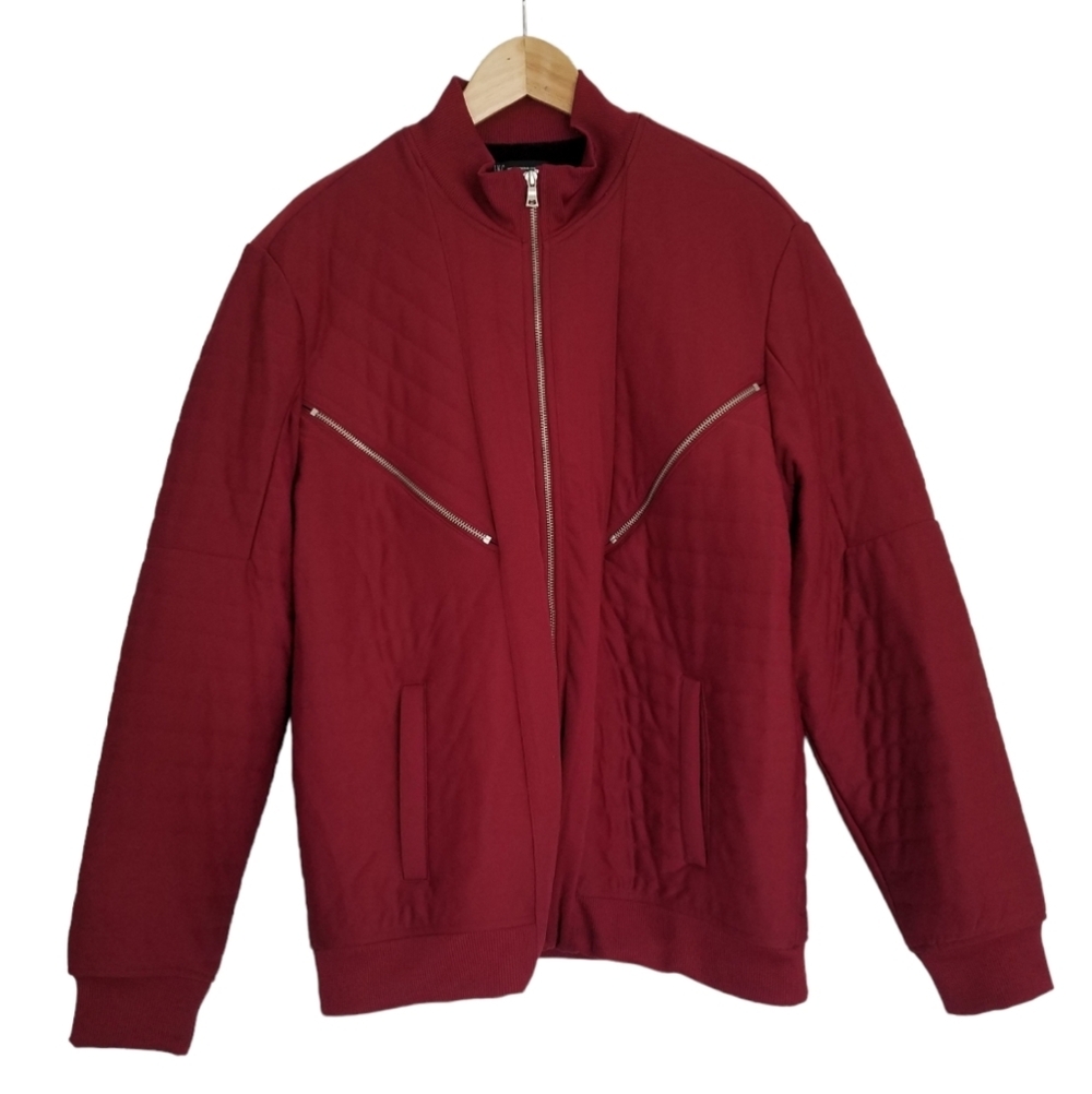 INC International Concepts Red Bomber Jacket Quilted Faux Fur Lining Size Large